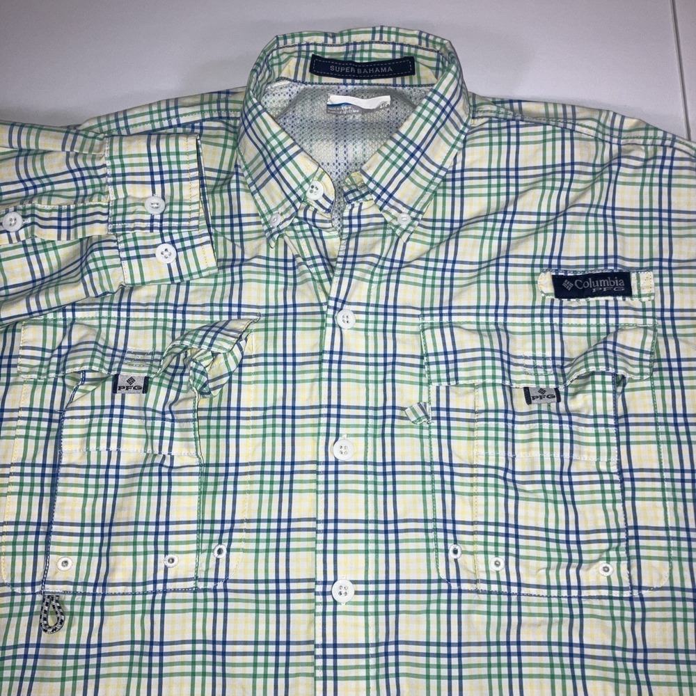 Columbia PFG Super Bahama S Fishing Shirt Yellow Blue Plaid Long Sleeve Vented